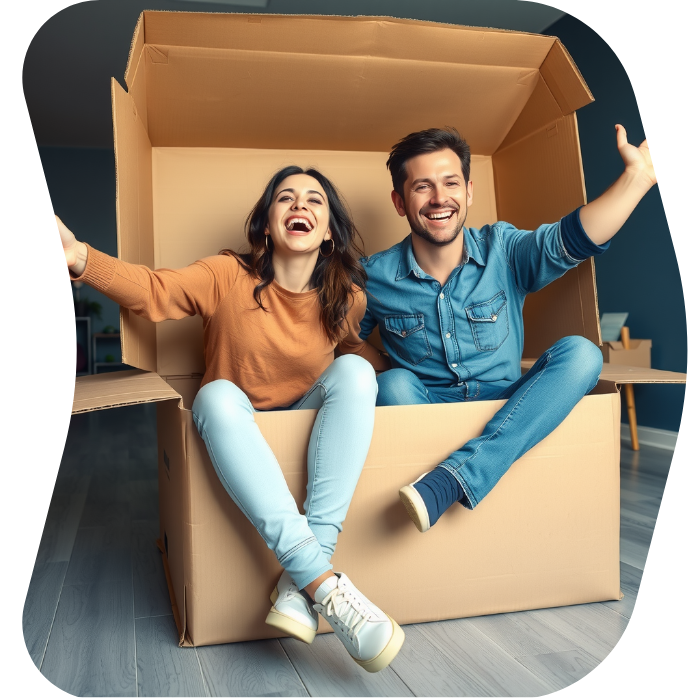 Two guys sitting on the floor of their apartment with Muval moving boxes